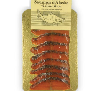 Saumon sauvage d’Alaska violine Fumé. Barquette tranchée de 80 Gr